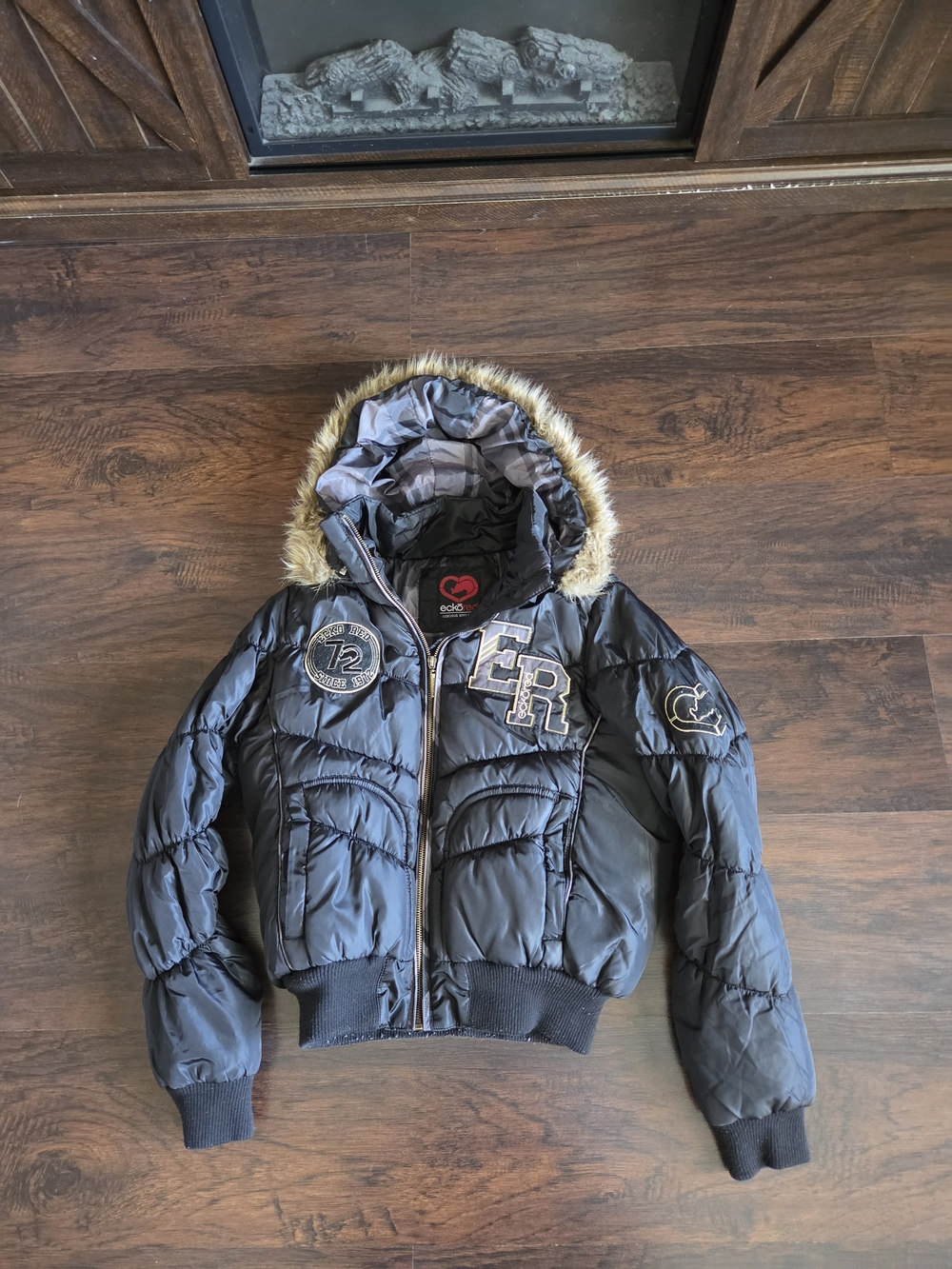 Ecko Unlimited Black Hooded Puffer Jacket with Faux Fur Trim
